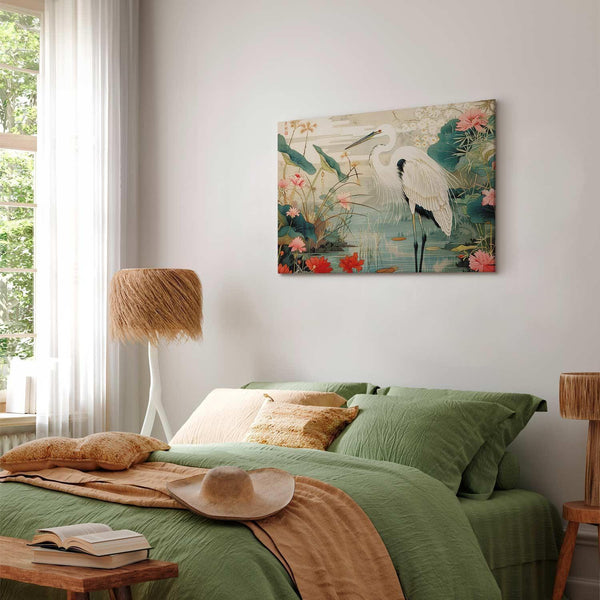 Quadro - By an Asian pond - an illustration in the style of a Japanese engraving, depicting a heron