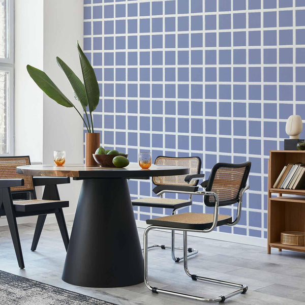 Tappezzeria murale - Lines and Symmetry - Expressive White Grid on a Blue Background