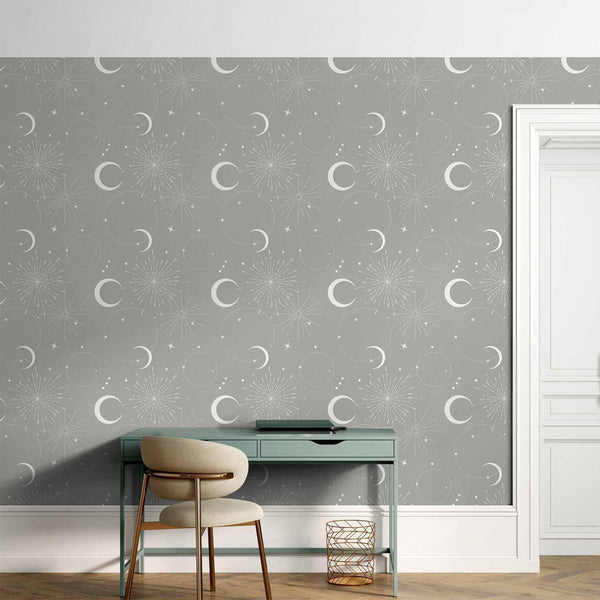 Tappezzeria murale - Cosmic Fireworks - Elegant pattern with moons and stars on a gray background