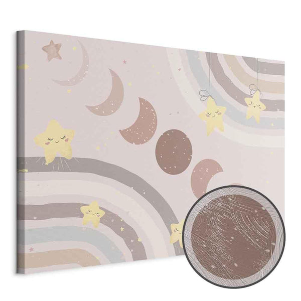 Quadro - Joyful Sky - Yellow Cheerful Stars with a Rainbow Against the Phases of the Moon in a Light Beige Sky Hue