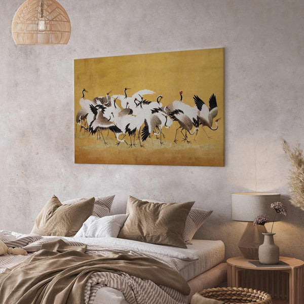 Quadro - Japanese cranes - a flock of birds against a golden background based on a painting by Ishida Yūtei