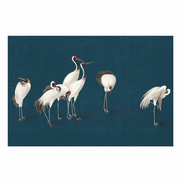 Poster - Evening at the Pond - group of cranes drawn in dry pastel on a dark turquoise background