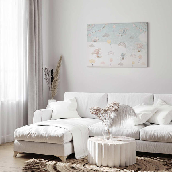 Quadro - Sky with Balloons - Balloons in Subdued Colors Flying in the Sky Among Clouds Rainbows and Stars