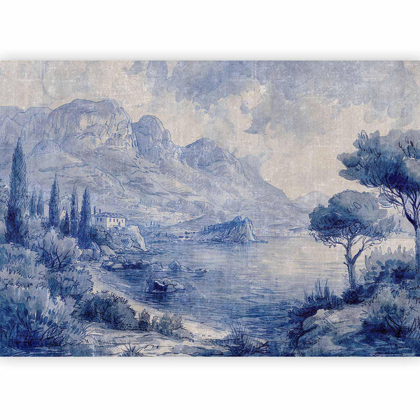 Carta da parati - Blue Bay - Italian landscape of Lake Como painted with blue ink