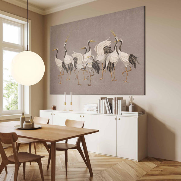 Quadro XXL - Crane dance – bright silhouettes of birds against a warm grey background with texture