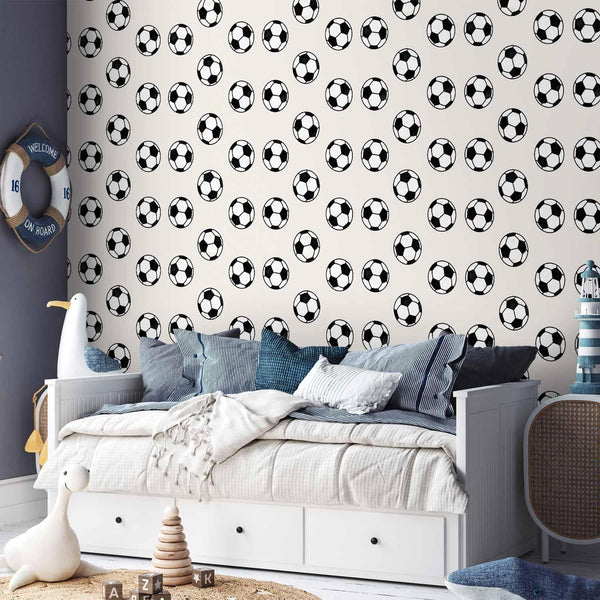 Tappezzeria murale - Soccer - Symmetrical black-and-white soccer balls on a beige background