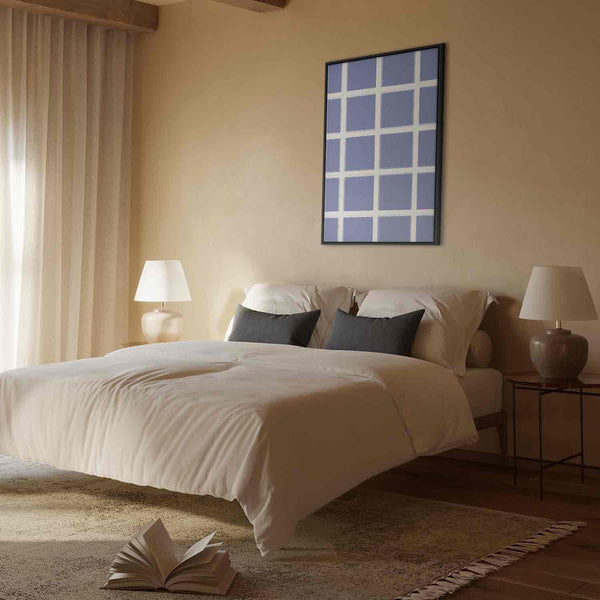 Quadro - Lines and Symmetry - Expressive White Grid on a Blue Background