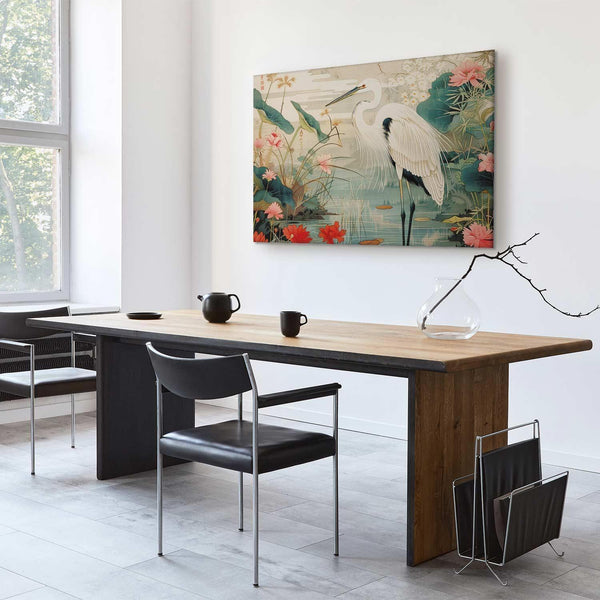 Quadro - By an Asian pond - an illustration in the style of a Japanese engraving, depicting a heron