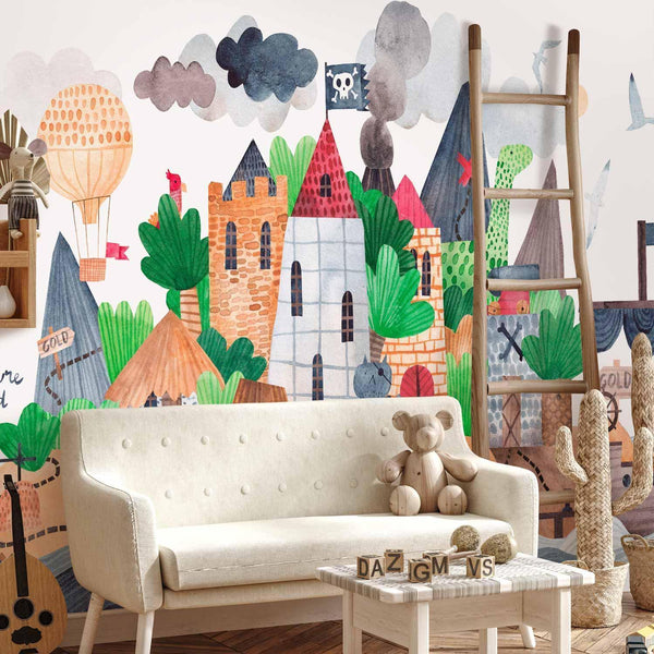 Carta da parati - A colourful treasure island with a castle - a pirate ship at sea for children