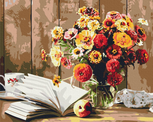 Quadro fai da te - Still life with a book and flowers