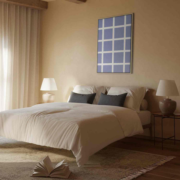 Quadro - Lines and Symmetry - Expressive White Grid on a Blue Background