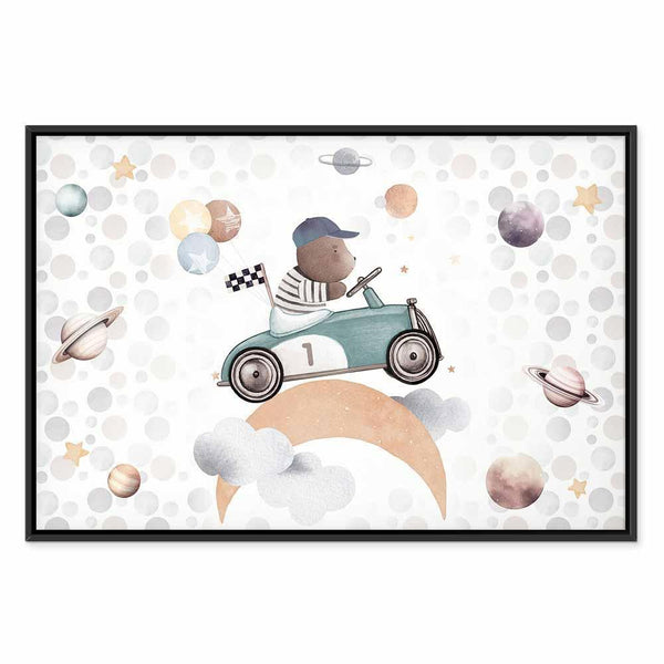 Quadro - Galactic Races - A Bear Participating in Car Races Among Planets Clouds and Stars in Pastel Hues