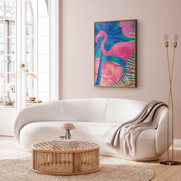 Poster - Pink Flamingo - abstract flamingo against a background of palm trees and ice cubes