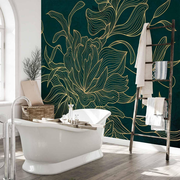 Carta da parati - Green boudoir - linear drawing of a flower in golden colours on a dark background