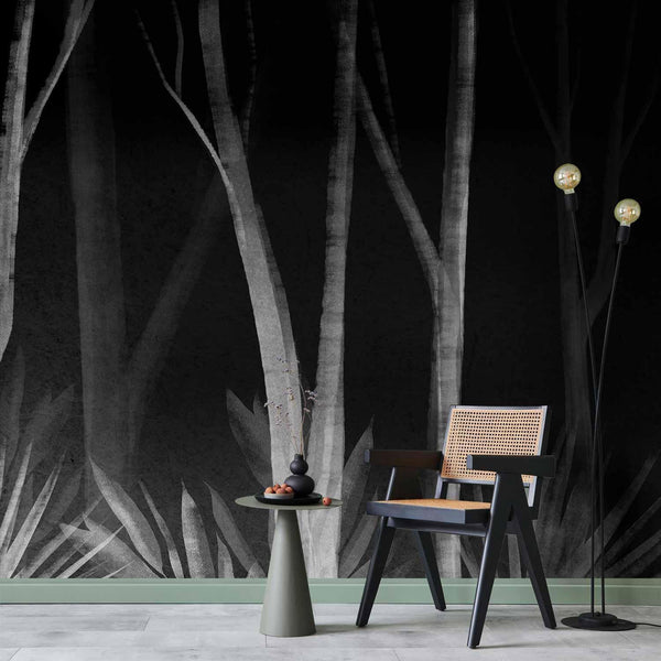 Carta da parati - Noise of the forest at night - minimalist landscape of white trees on a black background