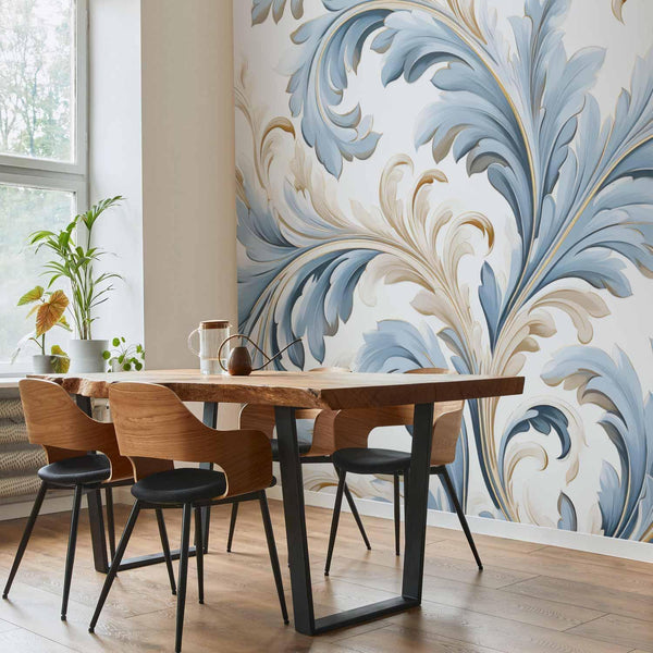 Carta da parati - Baroque Ornaments in Light Cream-Blue Hues