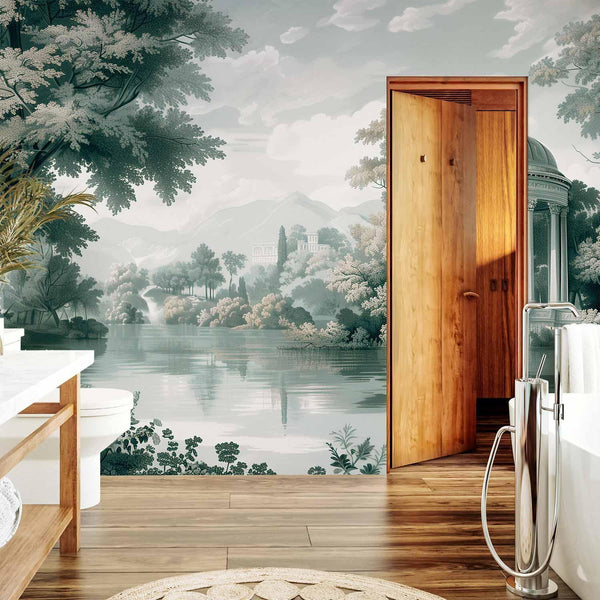 Carta da parati - View of the Park and Lake Retro Vintage Landscape in Greens