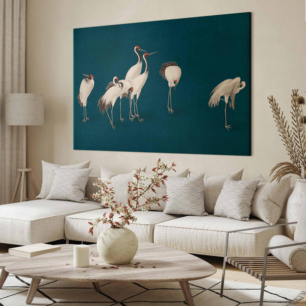 Quadro XXL - Evening by the pond - a group of cranes drawn in dry pastel on a dark turquoise background