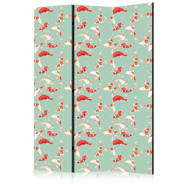 Paravento - Fish and Japanese Pattern - Koi Fish in Orange-Cream Colors on a Green-Mint Background with an Oriental Pattern