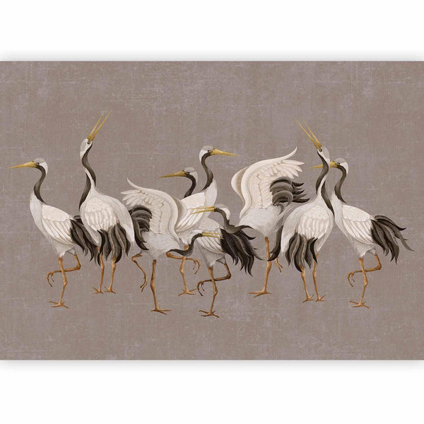 Carta da parati - Crane dance – bright silhouettes of birds against a warm grey background with texture