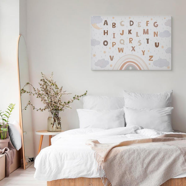 Quadro - Letters Above the Rainbow - Letters Among Streams of Rain and Clouds with a Rainbow Moon and Stars on a Light Background