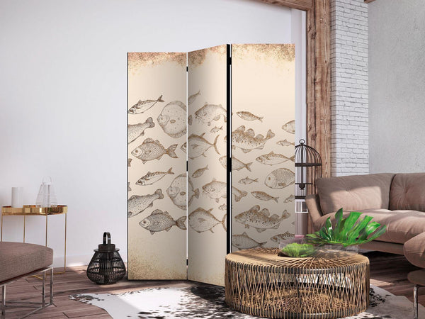 Paravento - Sketch of a Fish School - Sketches of Various Fish Species Swimming in a School on a Beige Background in Vintage Style