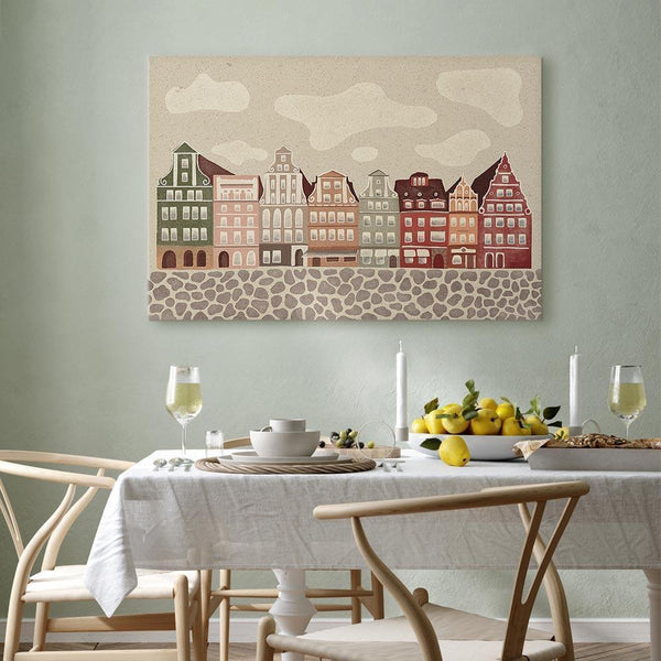 Quadro - Salt Square - Colorful Illustrated Townhouses Against a Cloudy Sky Background