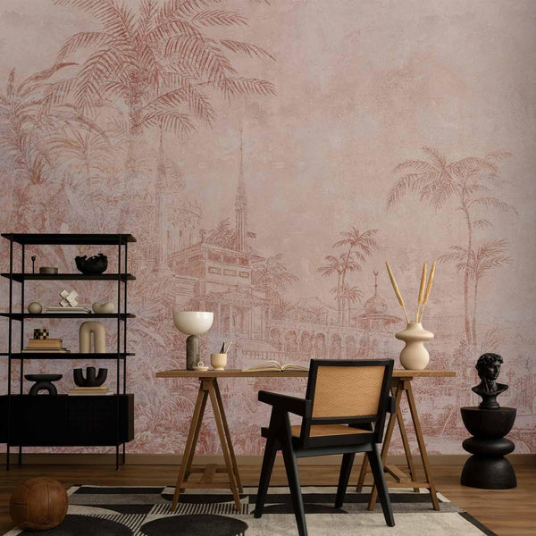 Carta da parati - Landscape with temple - engraving of Indian architecture with palm trees