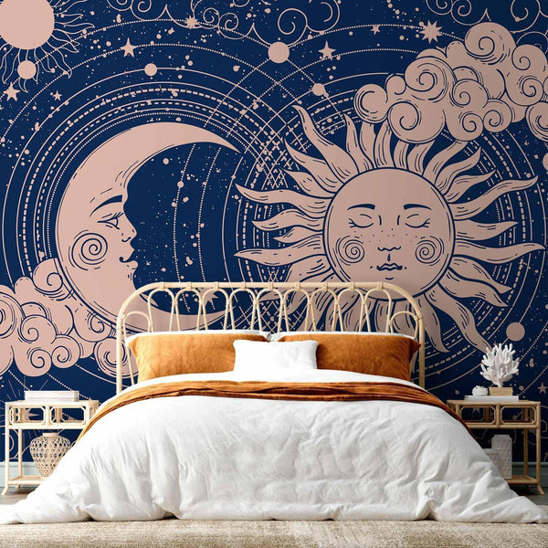 Carta da parati - Cosmic Harmony - Illustration of the Sun and Moon on a Navy Background