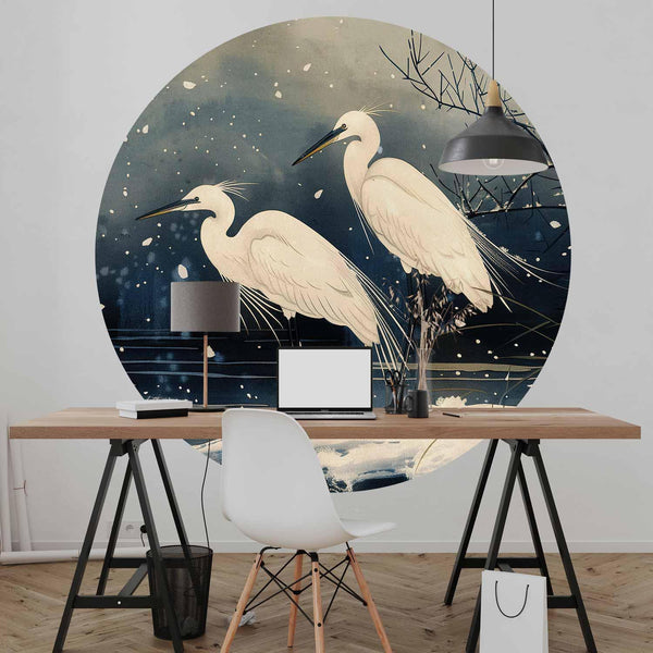 Carta da parati rotondi - Herons over a winter pond - Japanese-style illustration in dark colours