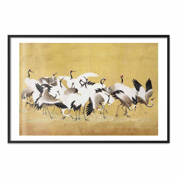 Poster - Japanese Cranes - a flock of birds against a golden background based on the painting of Ishida Yūtei