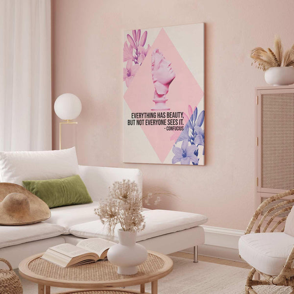 Quadro - Beauty in the Eyes - Inspirational Quote with Pink Bust and Flowers