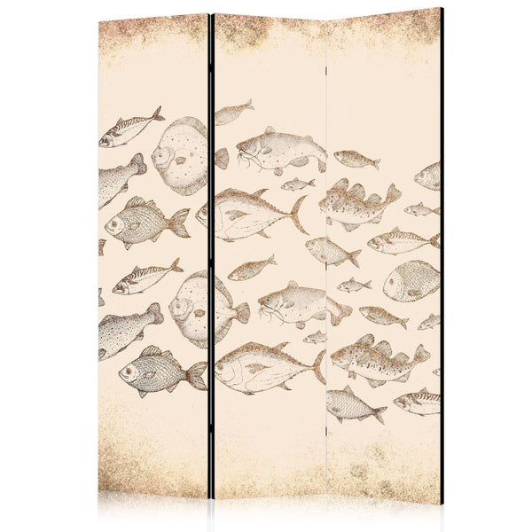 Paravento - Sketch of a Fish School - Sketches of Various Fish Species Swimming in a School on a Beige Background in Vintage Style