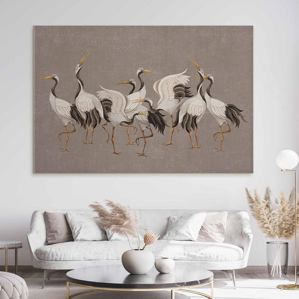 Quadro XXL - Crane dance – bright silhouettes of birds against a warm grey background with texture