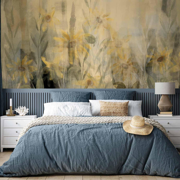 Carta da parati - A touch of summer - floral motif with a meadow full of yellow flowers and grasses