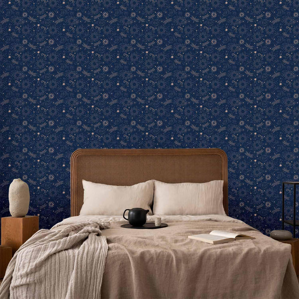 Tappezzeria murale - Cosmic Fantasy - Pattern with Suns - Moons - and Dragonflies on a Dark Background