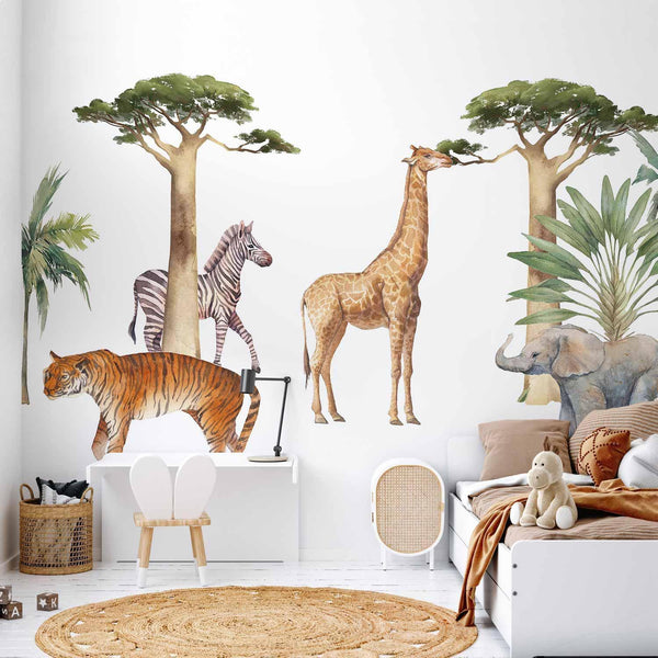 Carta da parati - Jungle Animals on White Background Made With Watercolour Technique