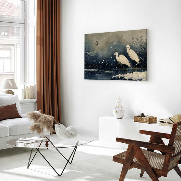 Quadro - Herons over a winter pond - Japanese-style illustration in dark colours
