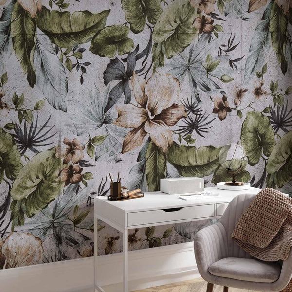 Carta da parati - Nature in retro style - jungle landscape with pale leaves and flowers