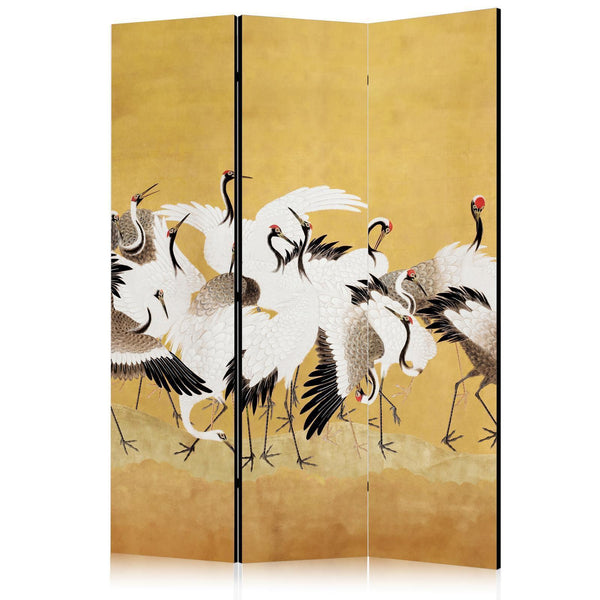 Paravento - Japanese cranes - a flock of birds against a golden background based on a painting by Ishida Yūtei