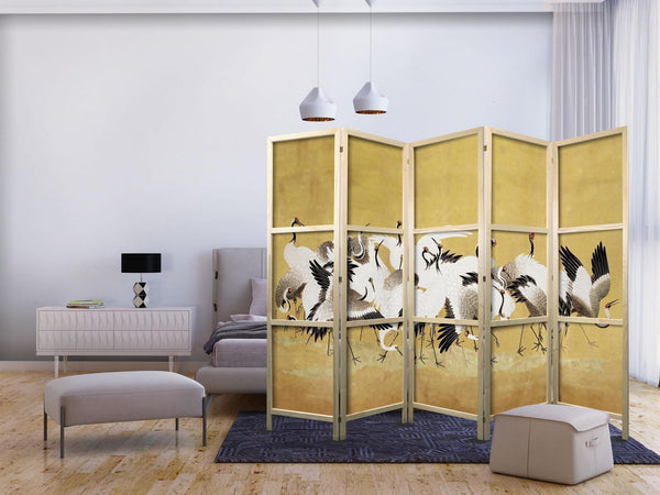 Paravento giapponese - Japanese cranes - a flock of birds against a golden background based on a painting by Ishida Yūtei