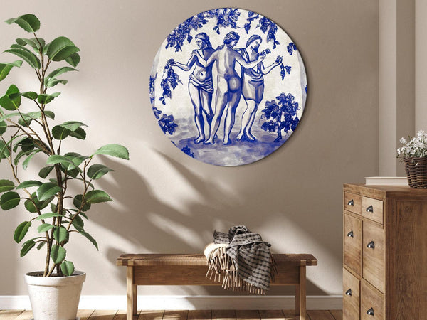 Quadro rotondo - Ancient vineyard - three women in a portal painted with blue ink