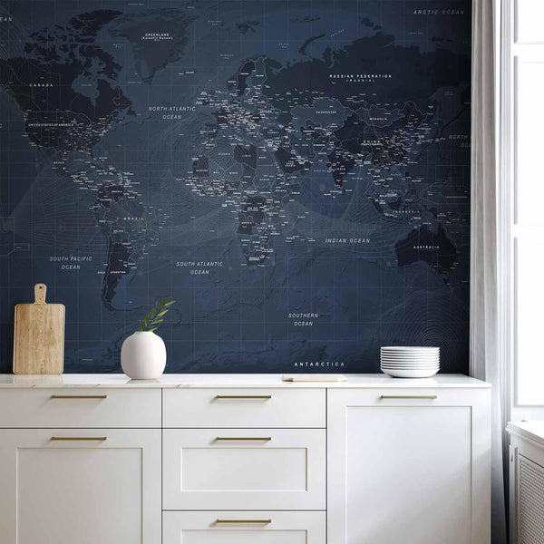 Carta da parati - World map in blue - continents with inscriptions in English