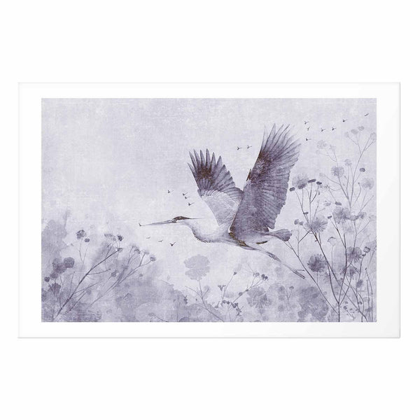Poster - Majestic Flight - crane in flight in a monochromatic, cool color palette