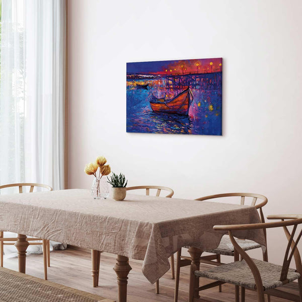 Quadro - Modern impressionism - night landscape of a lake with a floating boat