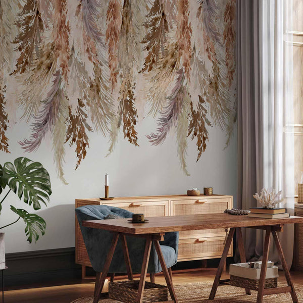 Carta da parati - Minimalist boho landscape - dangling leaves in beige colours