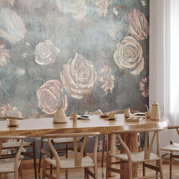 Carta da parati - Misty nature - muted rose flowers on a background in grey tones