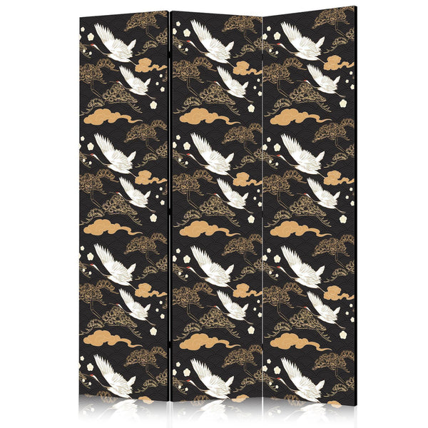 Paravento - Oriental impressions - decorative pattern with a motif of flying cranes on a dark background