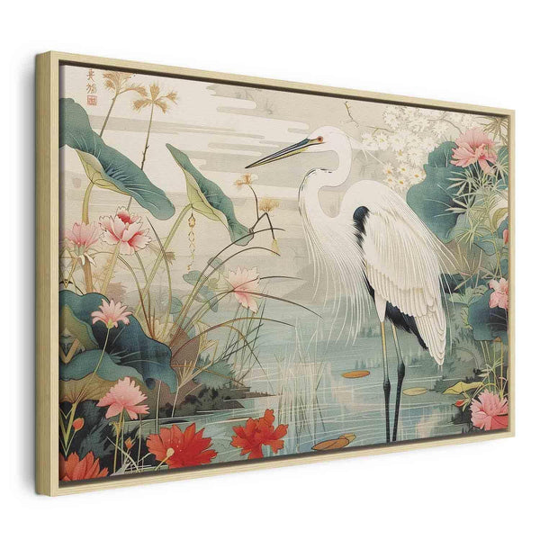 Quadro - By an Asian pond - an illustration in the style of a Japanese engraving, depicting a heron