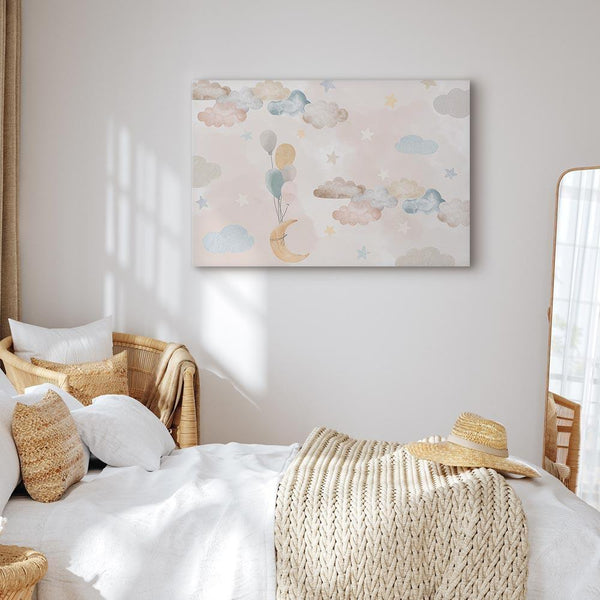 Quadro - Fairy-Tale Moon - Pastel Moon with Balloons Among Colorful Clouds and Stars in Subdued Colors on a Light Background